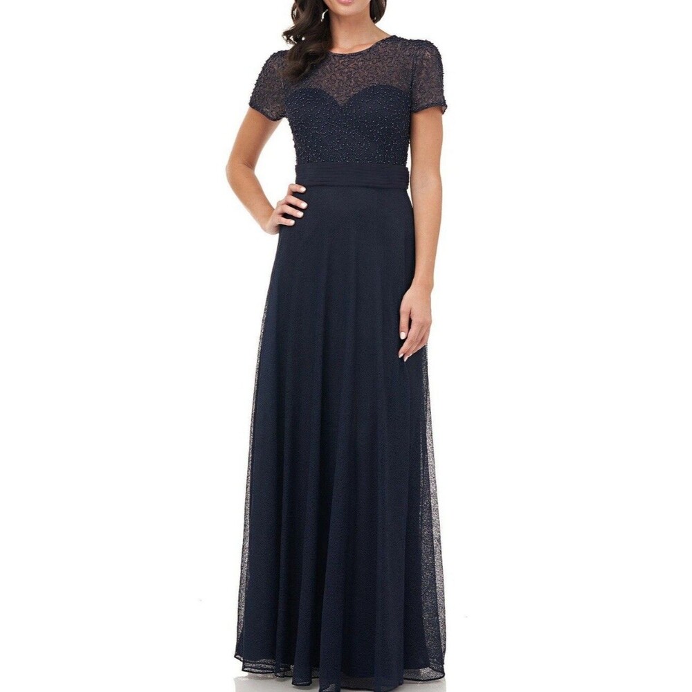 NWT JS Collections Illusion Neck Short Sleeve Beaded Bodice Gown Navy Size 8